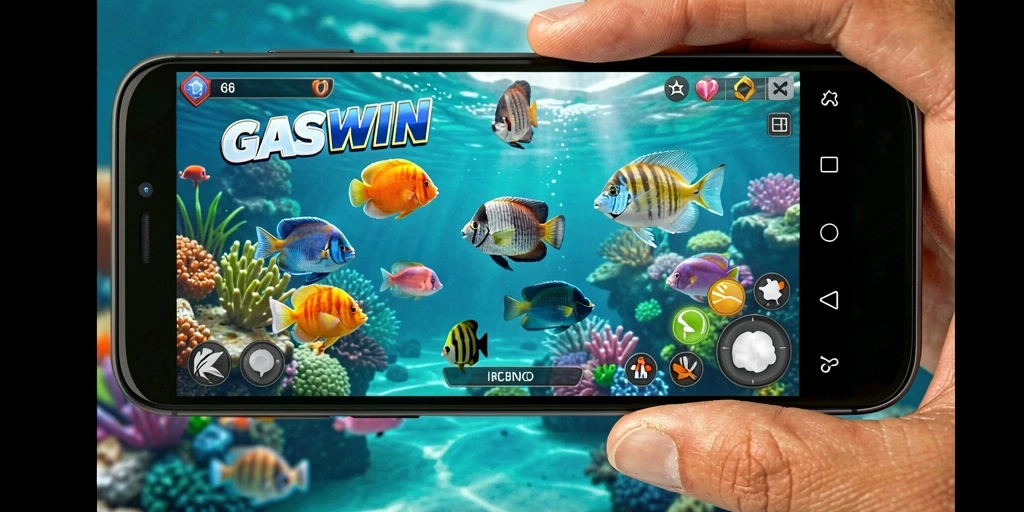 Tampilan gameplay GASWIN dengan aksi menembak ikan yang seru.
