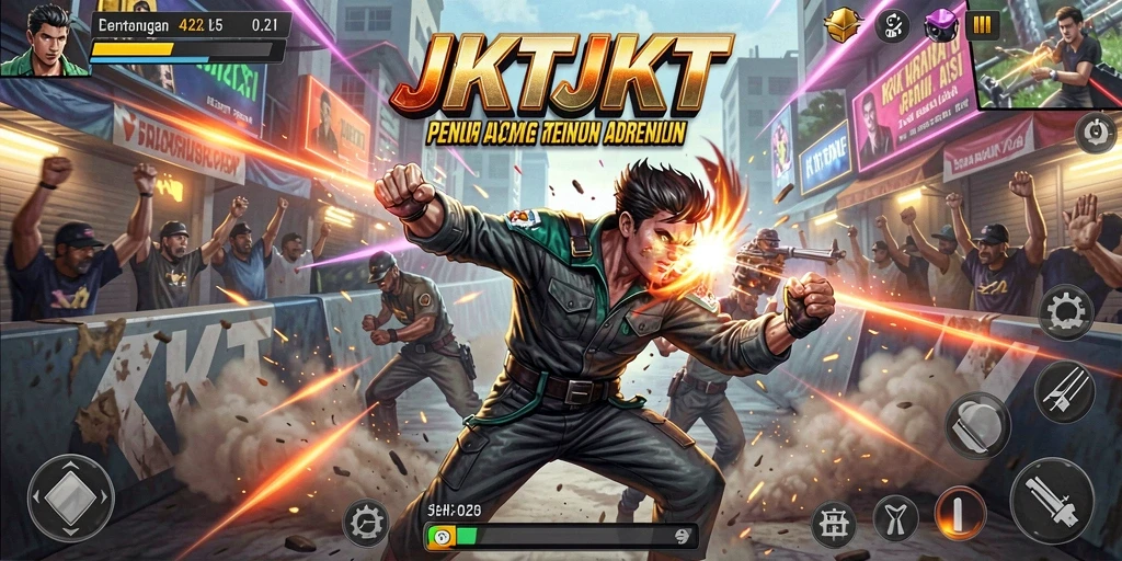 Penggambaran pertarungan intens dalam JKTJKT dengan karakter unik.