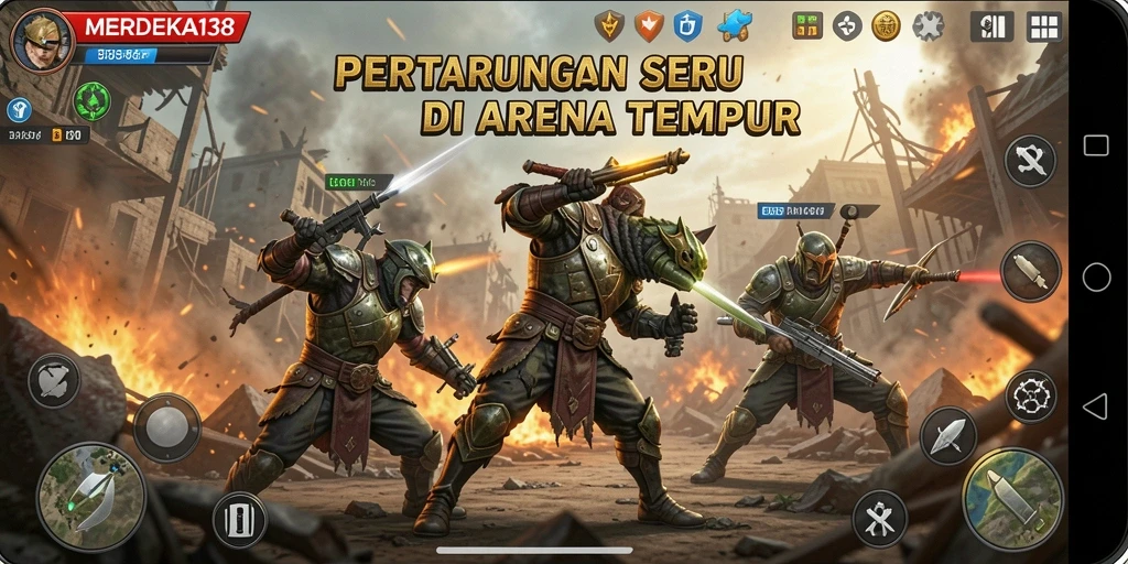 Screenshot gameplay MERDEKA138 menampilkan pertarungan seru.