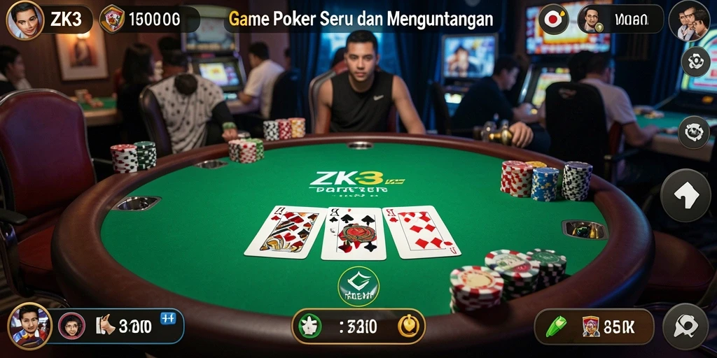 Screenshot gameplay ZK3 menampilkan suasana poker yang mendebarkan.